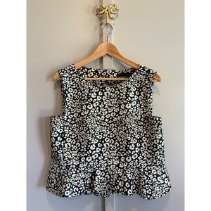 Zara Basic Womens Leopard Print Peplum Top Sleeveless Keyhole Back Black White L